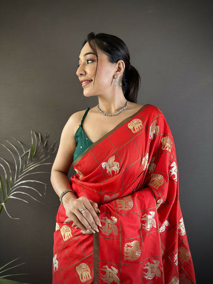 Joban Fashion Red Elephant Motif Soft Silk Banarasi silk Saree