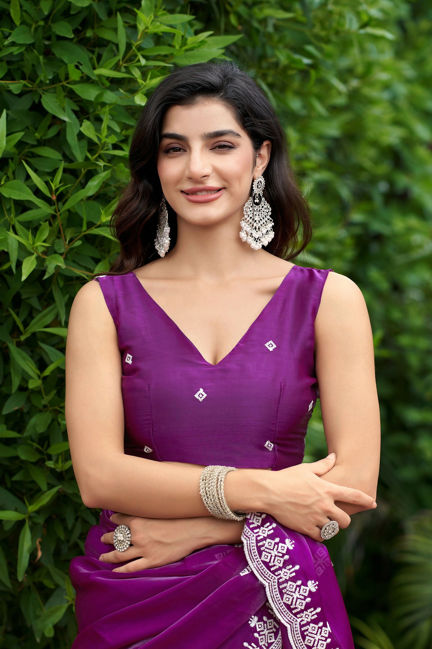 Vastranavya Purple Embroidery Work Shimmer Chiffon Saree with Unstitched Blouse