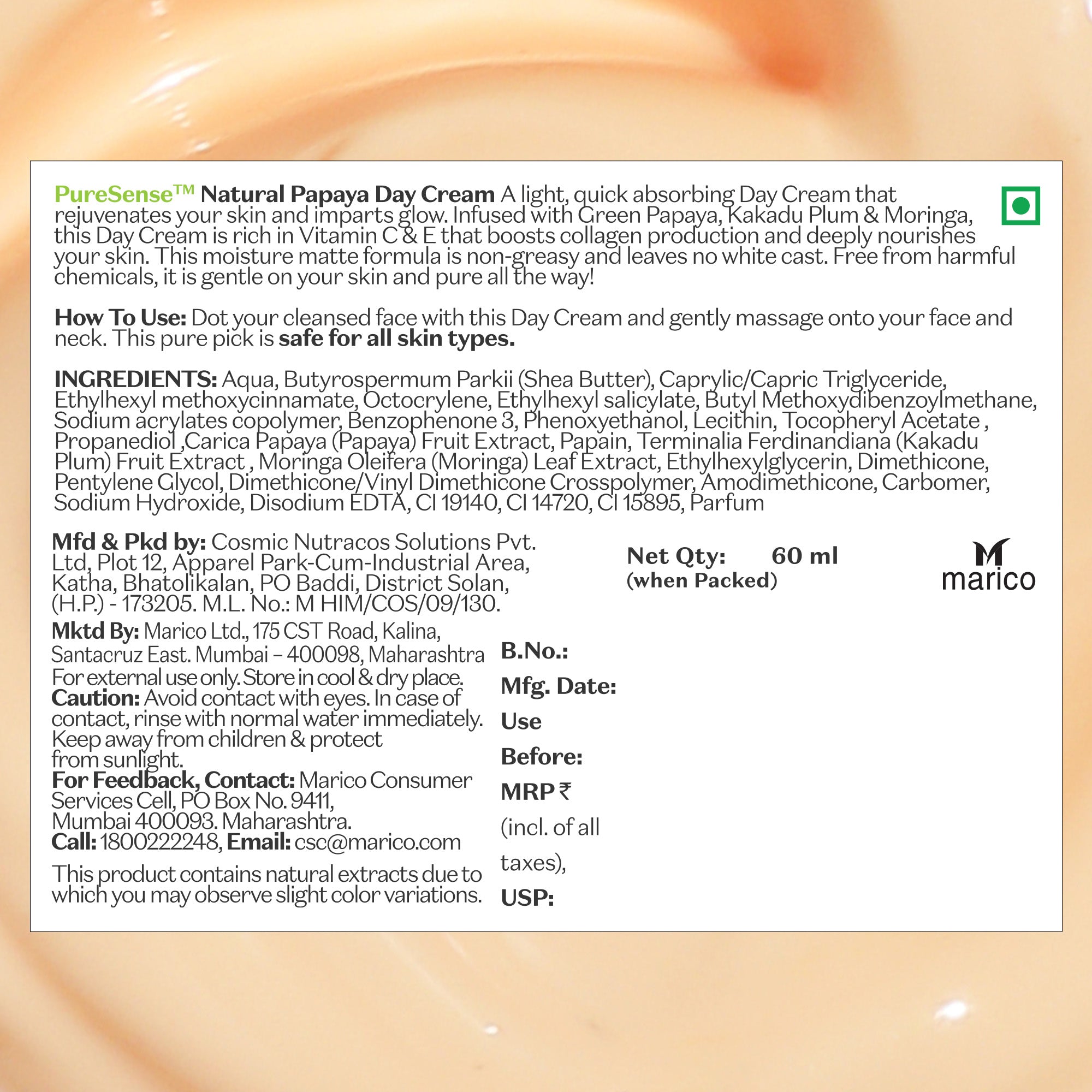 Puresense Natural Papaya Day Cream - 60 gms