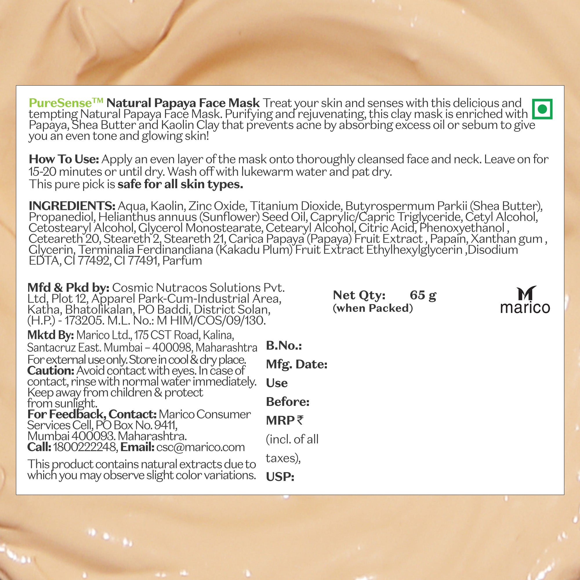 Puresense Natural Papaya Face Mask - 65 gms