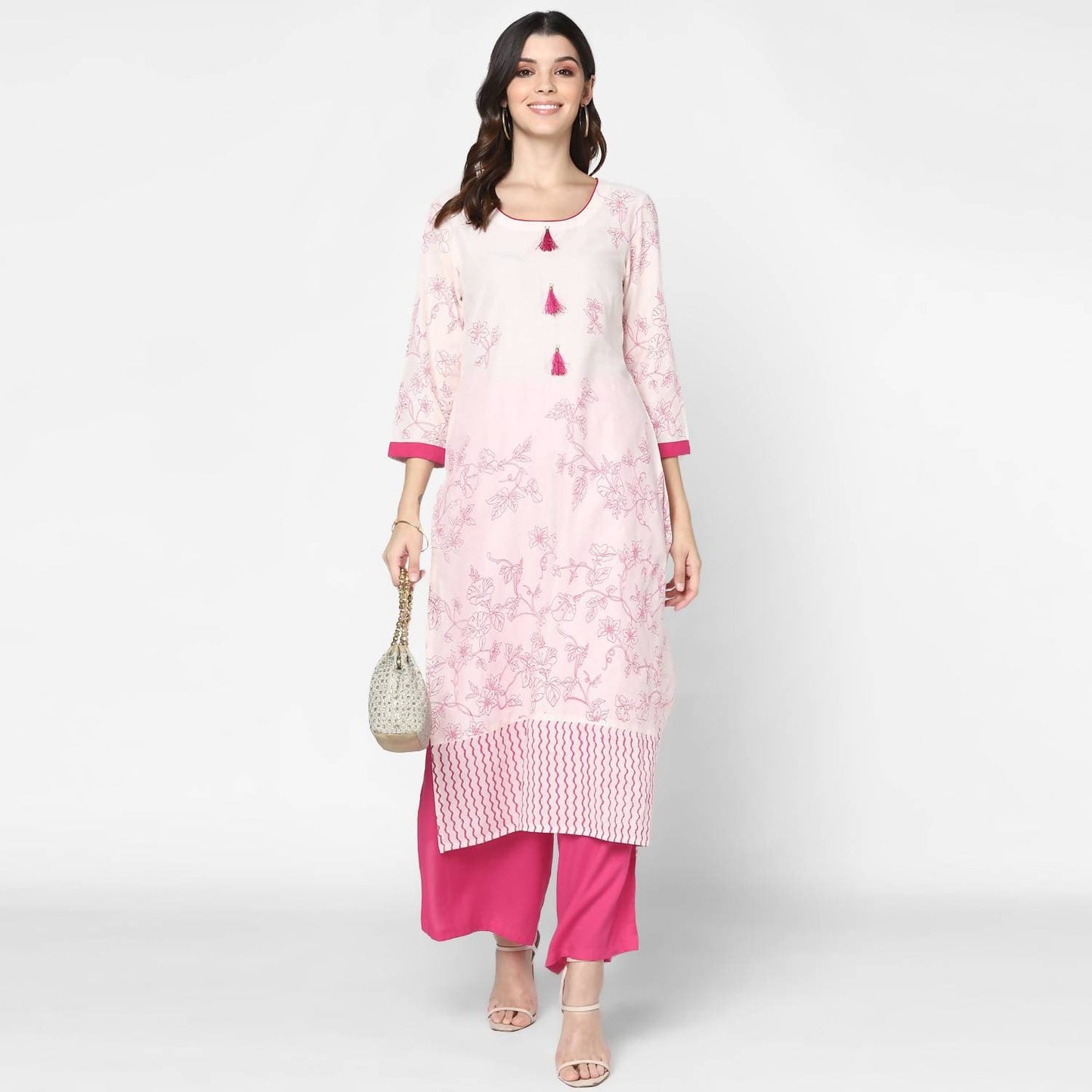 Cheera Hand Block Print Cream & Magenta Straight Kurta With Palazzo (MAAI-080K)