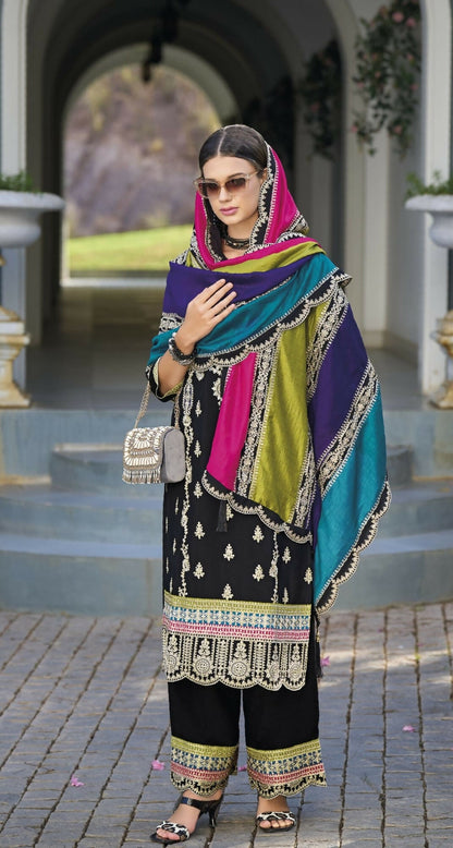 Anaita Black Premium Embroidered Chinon Stitched Salwar Suit