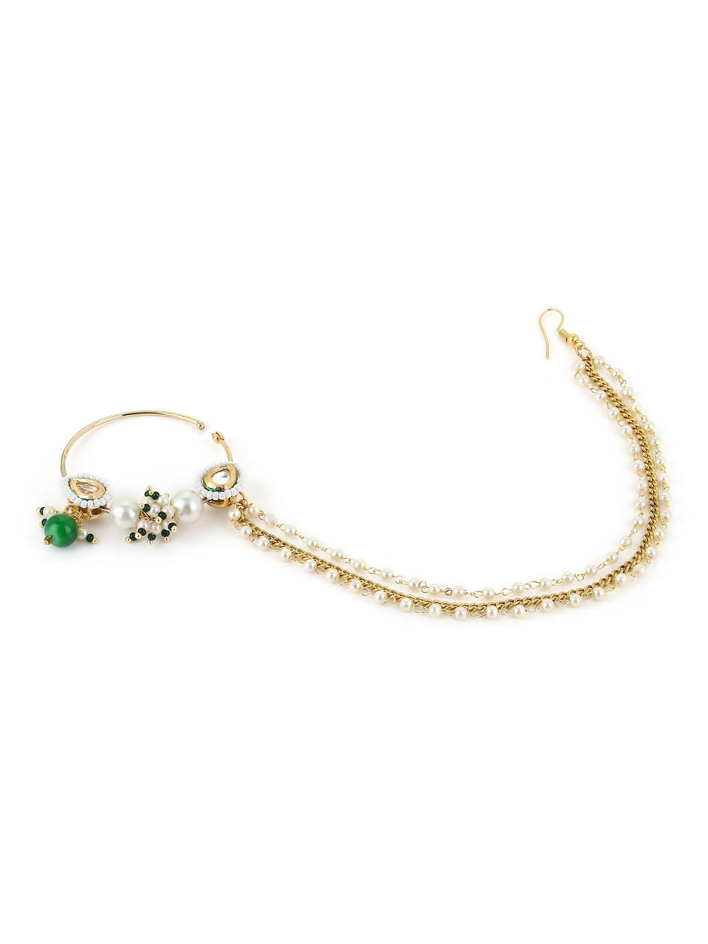 Gold-Polished White Green Kundan-Studded Pearl Beaded Nosepin - Ruby Raang