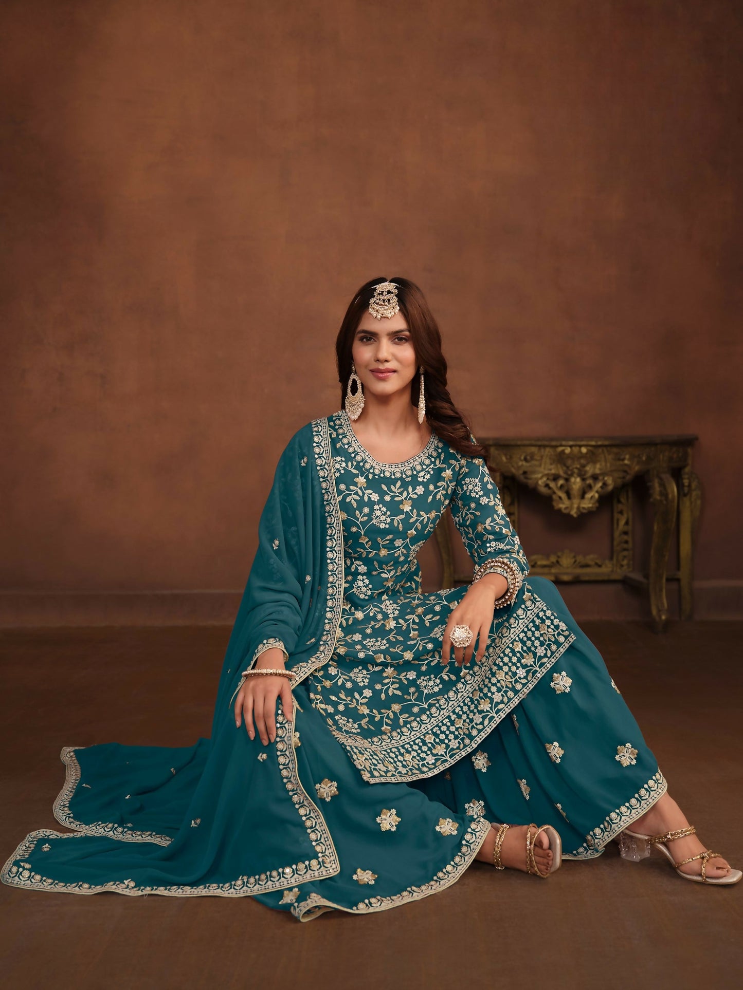 Anaita Teal Embroidered Faux Georgette Salwar Suit