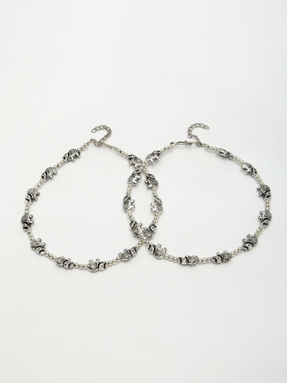 NVR Women's Set of 2 Silver-Plated Elephant Design Anklets