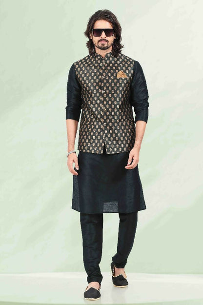 Raivat Ethnic Jacquard Banarasi Silk Woven Work 3 Pics Jacket Set In Black Colour