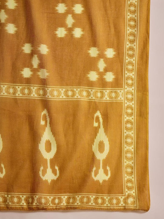Sangria Geometric Printed V Neck Pure Cotton Straight Kurta With Trousers & Dupatta