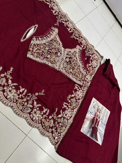 Anaita Red Real Premium Silk Stitched Shrug Suit with Embroidery Work