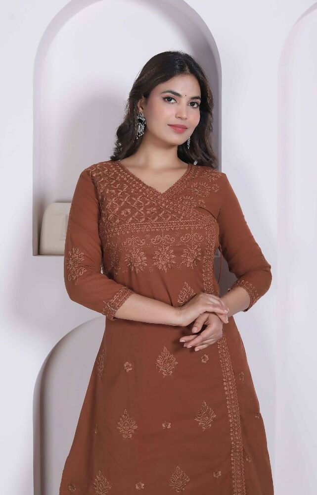 Miravan Womens Brown Floral Printed Angrakha Style Kurta With Palazzo