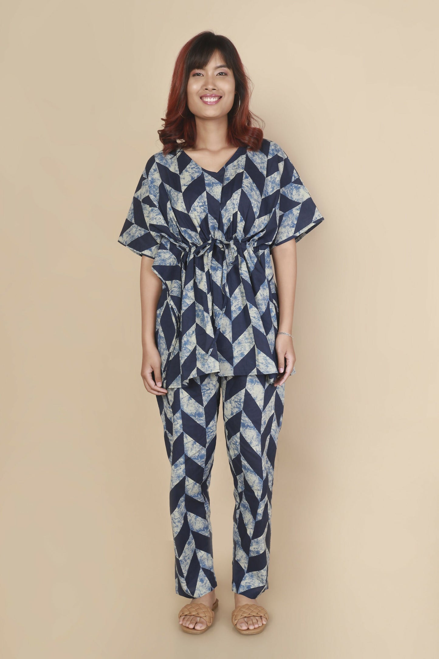Breathables Women’S Loungewear Kaftan Cotton Blue Geometric Print Co-Ord Set