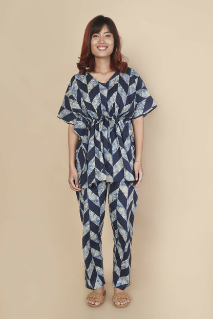 Breathables Women’S Loungewear Kaftan Cotton Blue Geometric Print Co-Ord Set