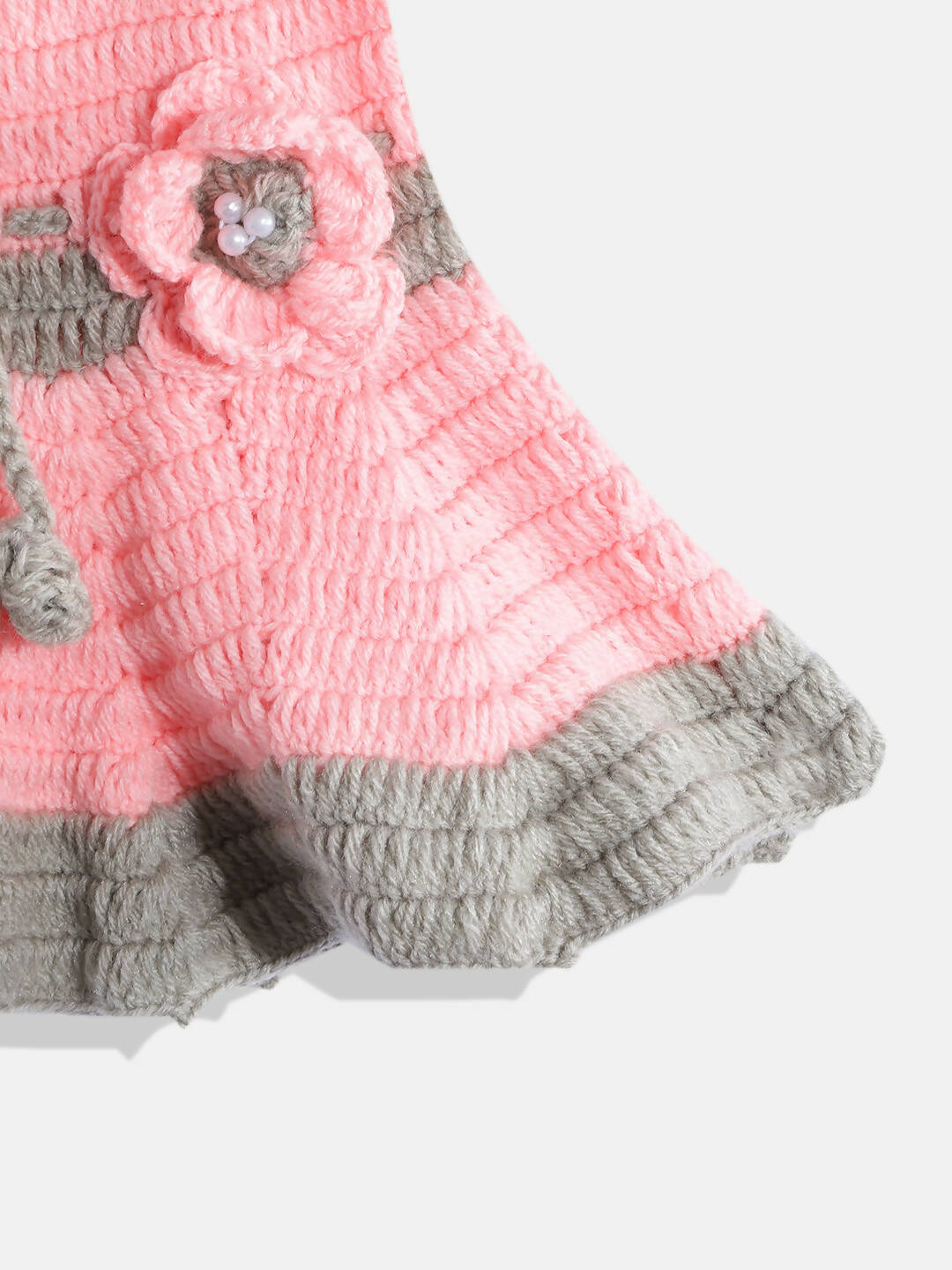 Chutput Kids Woollen Hand Knitted Short Sleeves Flower Detail Dress For Baby Girls - Pink