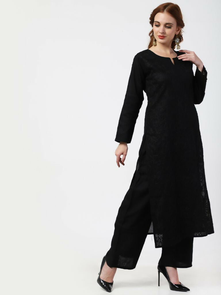 Cheera Women Stylish Hand Chikenkari Cotton Kurta With Palazzo - Black