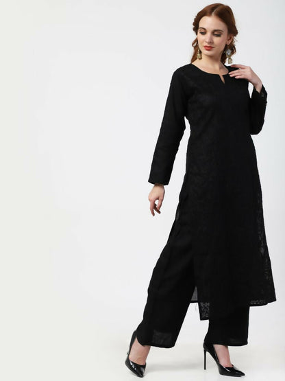 Cheera Women Stylish Hand Chikenkari Cotton Kurta With Palazzo - Black