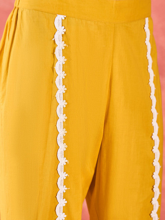 Sangria Floral Embroidered Chikankari V-Neck Pure Cotton Straight Fusion Kurta With Trousers