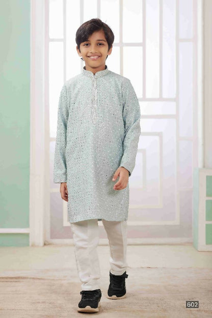 Raivat Ethnic Art Silk Embroidery Work Kids Kurta Pajama In Mint Green Colour