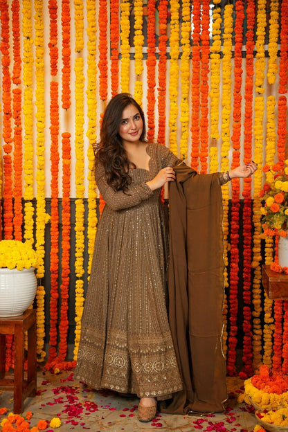 Aayaa Designer Embroidery Zari Sequins Work Faux Blooming Georgette Suit - Brown