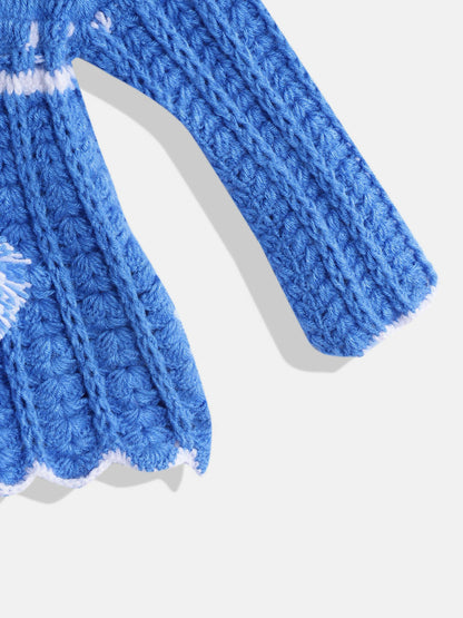 Chutput Kids Woollen Hand Knitted Full Sleeves Self Design Hood Detail Dress For Baby Girls - Blue