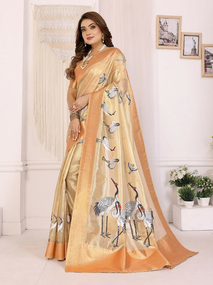 Joban Fashion Golden Cranes Patterns Banarasi Silk Sarees