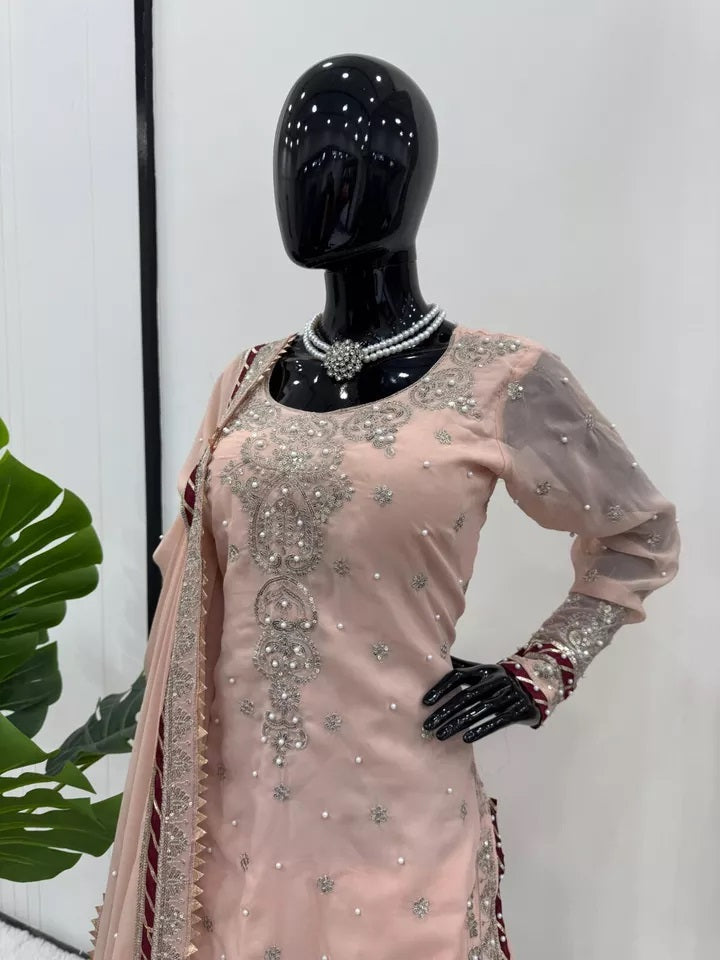 Indian Wedding Special Ethnic Stitched Faux Georgette Top Sharara Dupatta