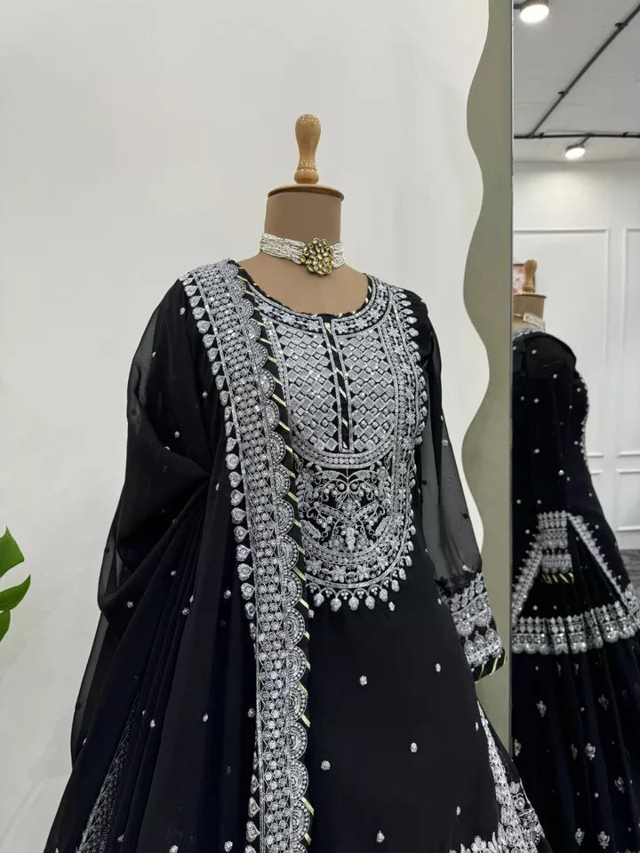 Faux Georgette Sequence Work With Front Side Work Top Sharara With Dupatta