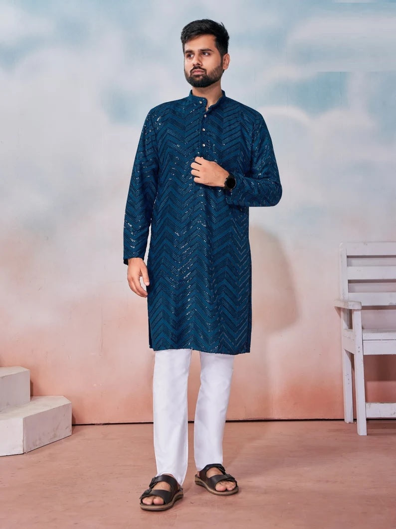 Heavy Rayon Chikan Work Kurta Pajama Combo For Men's