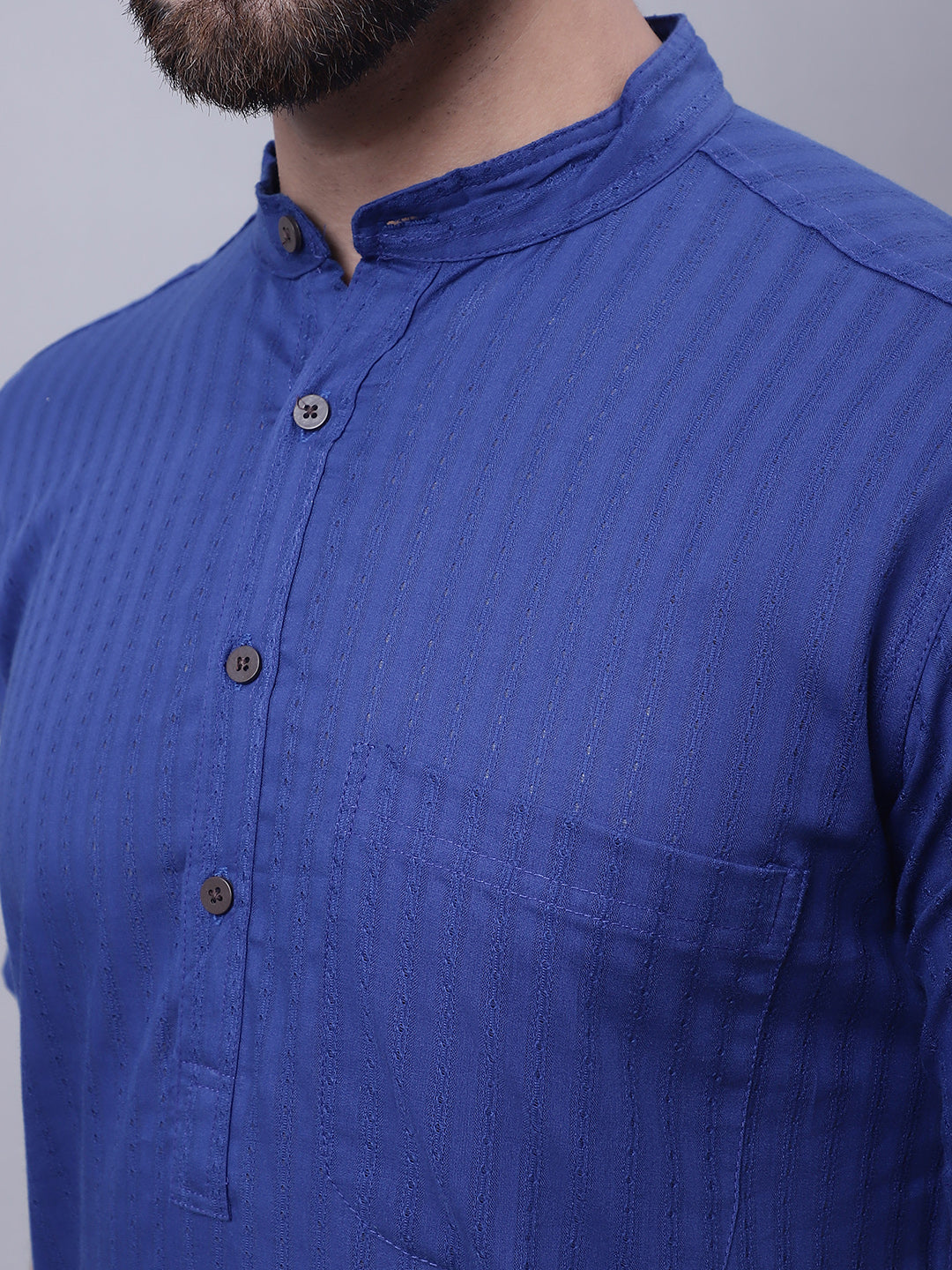 Even Apparels Blue Pure Cotton Short Sleeves Kurta With Band Collar