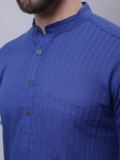 Even Apparels Blue Pure Cotton Short Sleeves Kurta With Band Collar