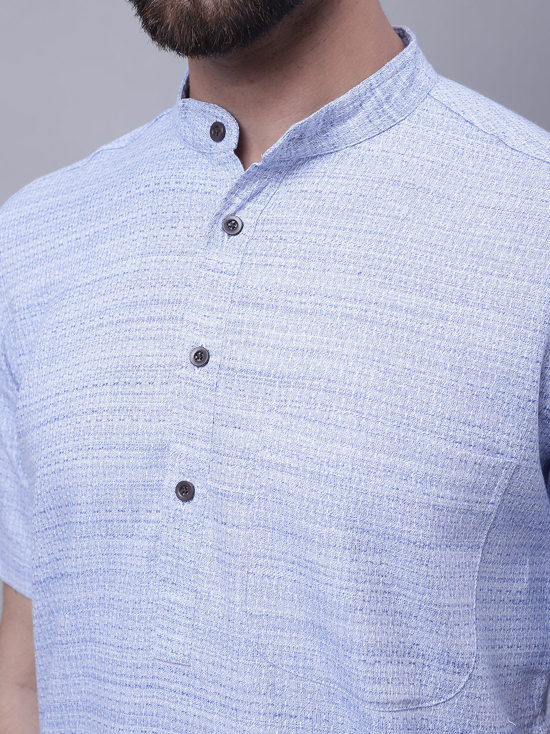 Even Apparels Blue Pure Cotton Short Sleeves Kurta With Band Collar