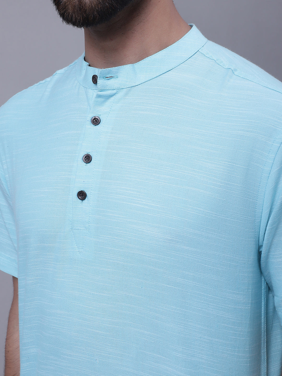 Even Apparels Blue Pure Cotton Short Kurta With Band Collar