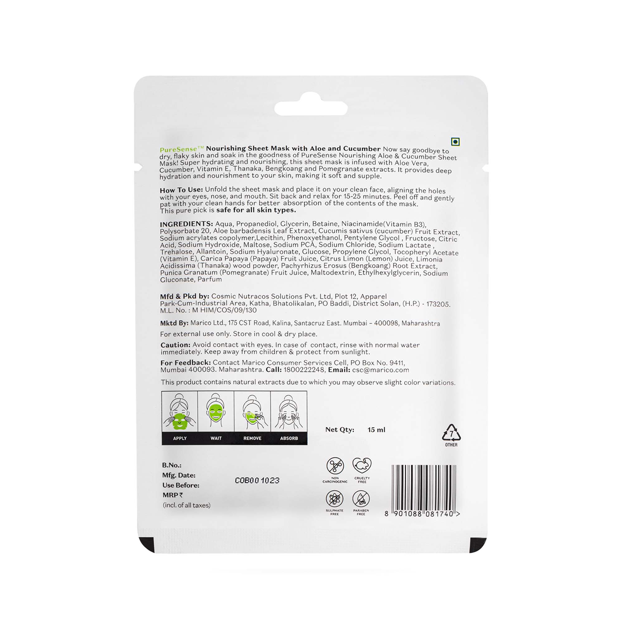 Puresense Nourishing Sheet Mask with Aloe Vera & Cucumber - 15 ml