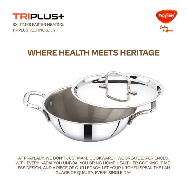 PrayLady Triplus Triply Stainless Steel Kadai with Lid