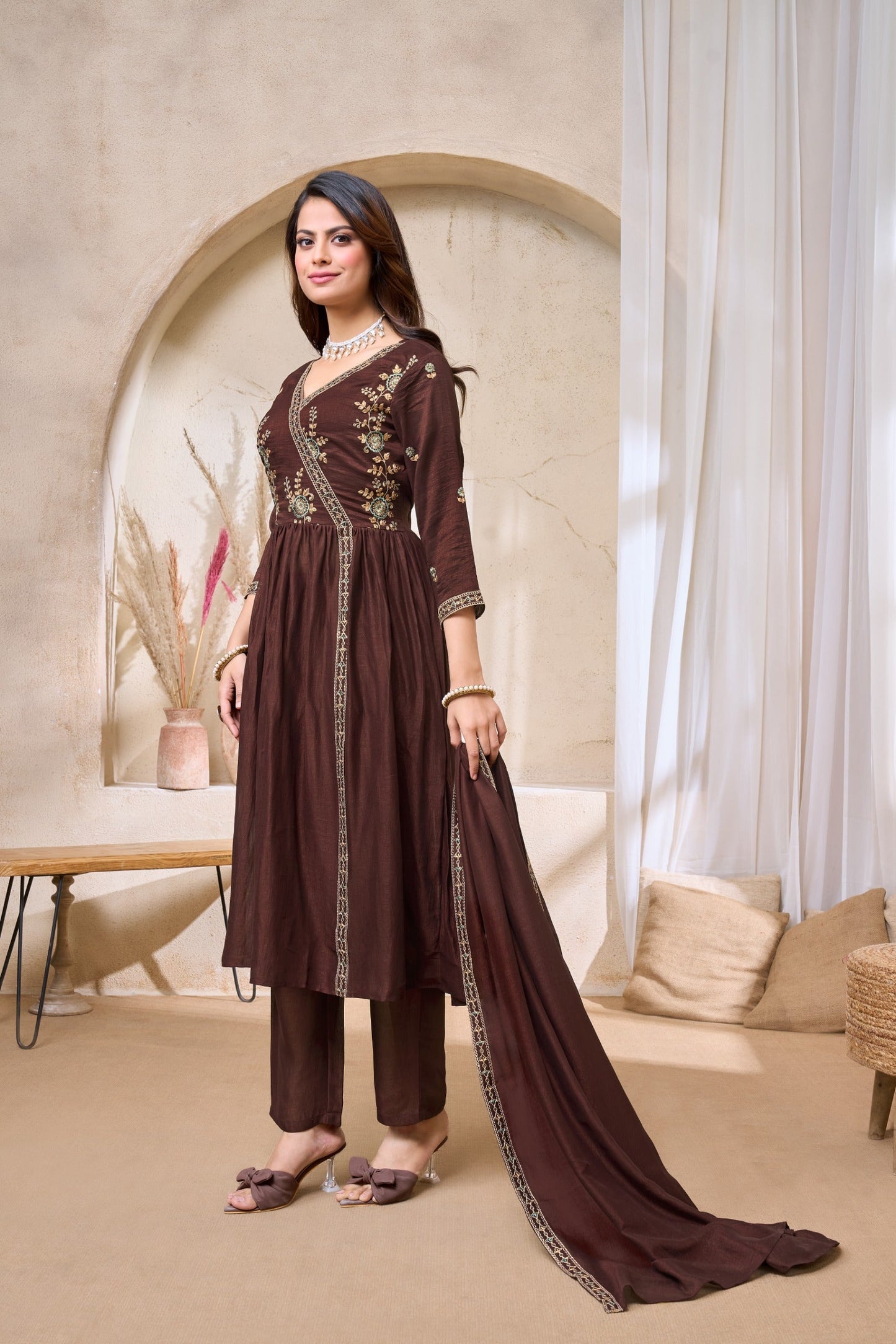 Anaita Coffee Anarkali Readymade Suit with Embroidery Work
