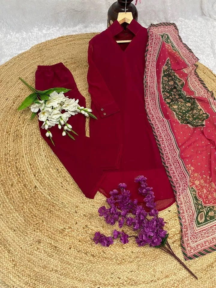 Faux Georgette Kurti Pant Duppata Set For Women's