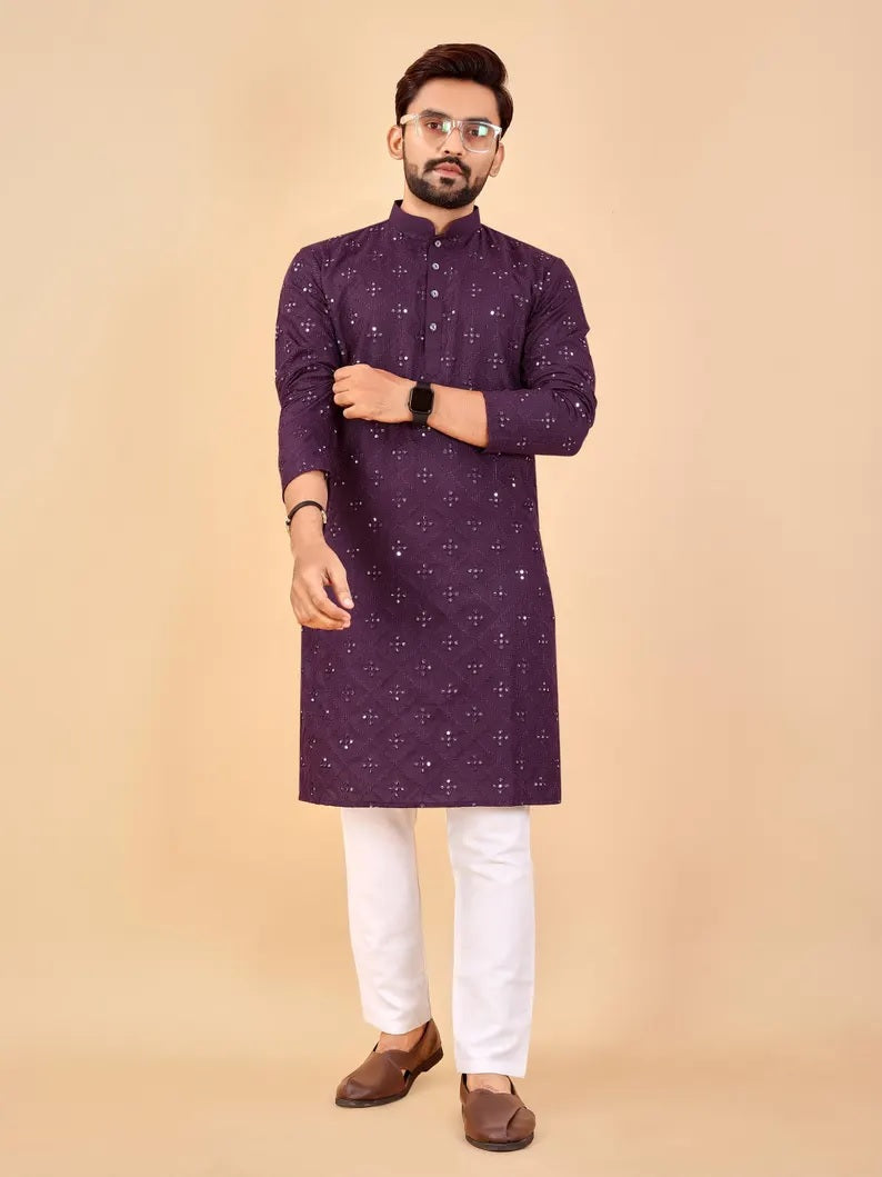 Soft Cotton Embroidery Mirror Work Men's Kurta Pajama Set