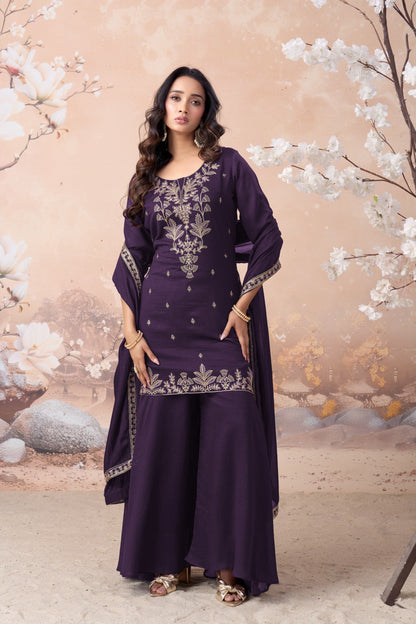 Anaita Purple Vichitra Silk Readymade Suit with Coding Work
