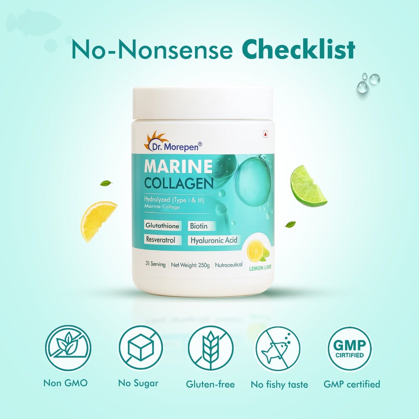 Dr. Morepan Marine Collagen Powder with Glutathione, Hyaluronic Acid, Resveratrol & Biotin Lemon Lime Flavour
