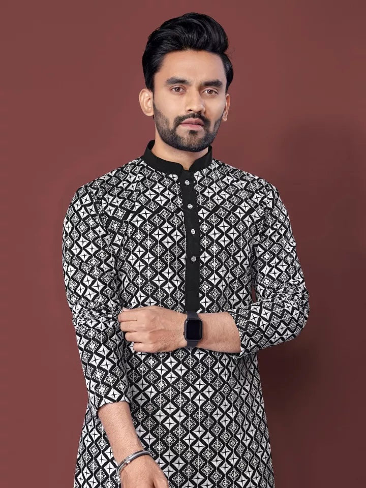 Soft Silk With White Embroidery Thread Work Kurta Pajama Set For Men's