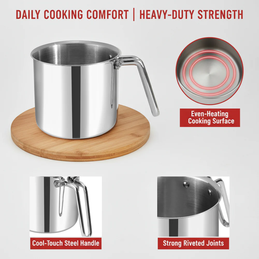 Vinod Platinum Triply Stainless Steel Milk Pot 2L 14cm with Glass Lid