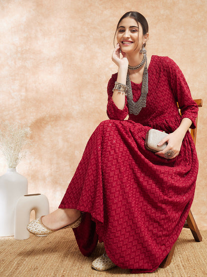 InWeave Women's Maroon Chikankari Long Anarkali Kurta Sharara Set