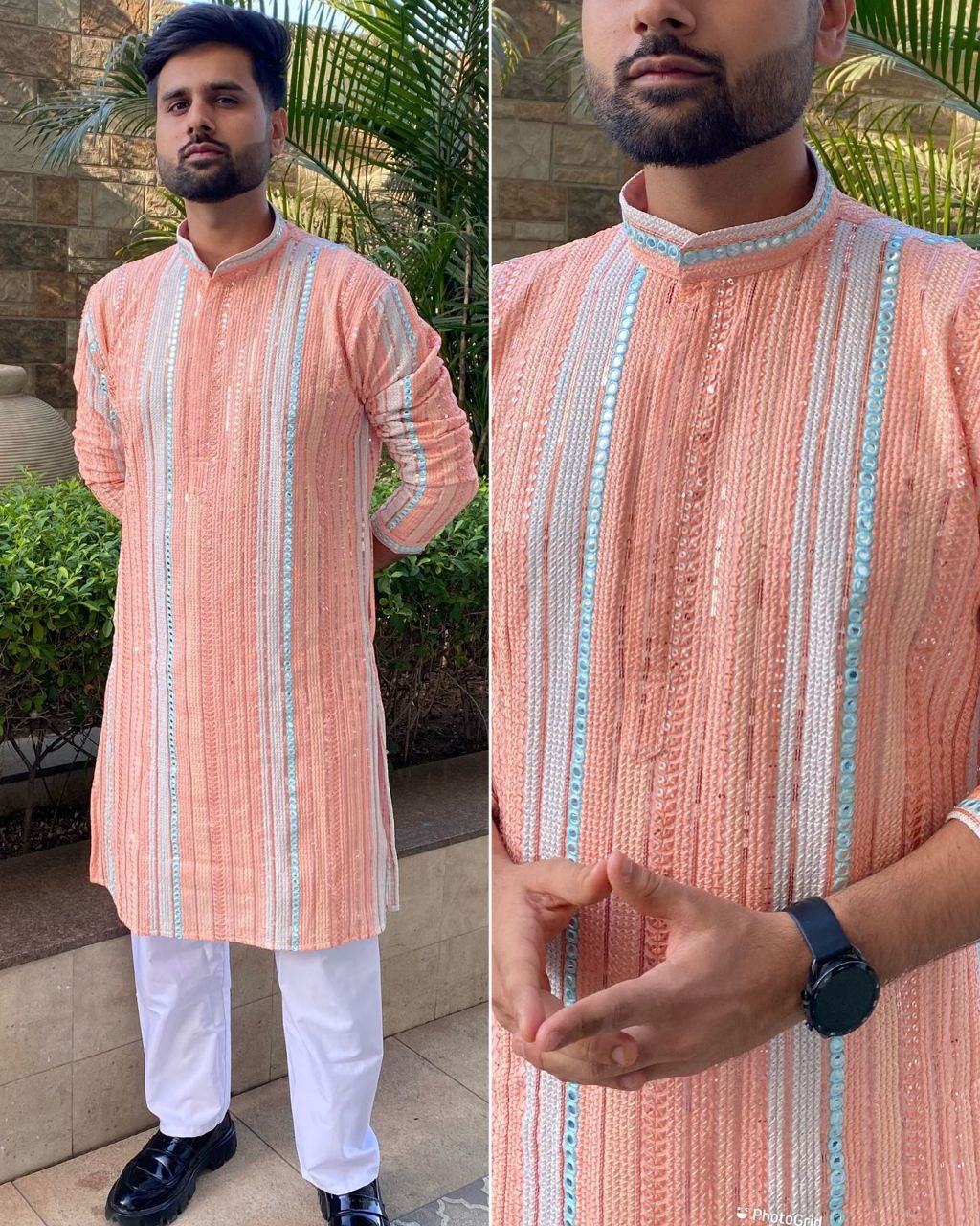 Men\s Heavy Georgette With Heavy Embroidery Work Kurta Pajama Set