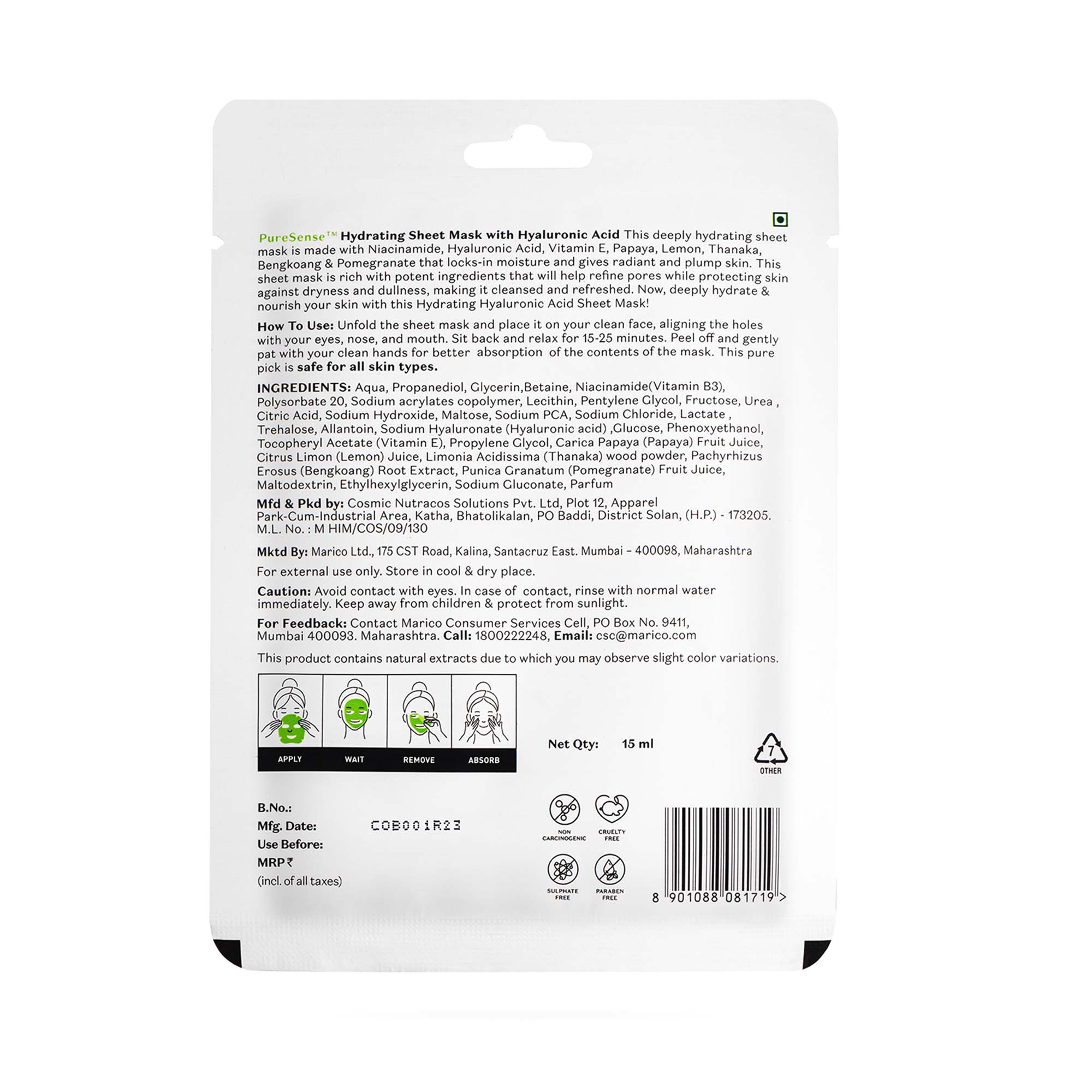 Puresense Hydrating Sheet Mask with Hyaluronic Acid - 15 ml