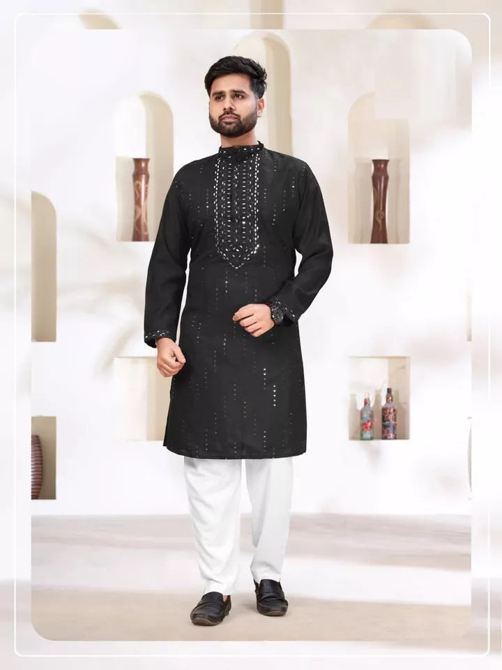 Classic Beautiful Exclusive Stitched 14 Kg Roman Silk Kurta Pajama For Men's