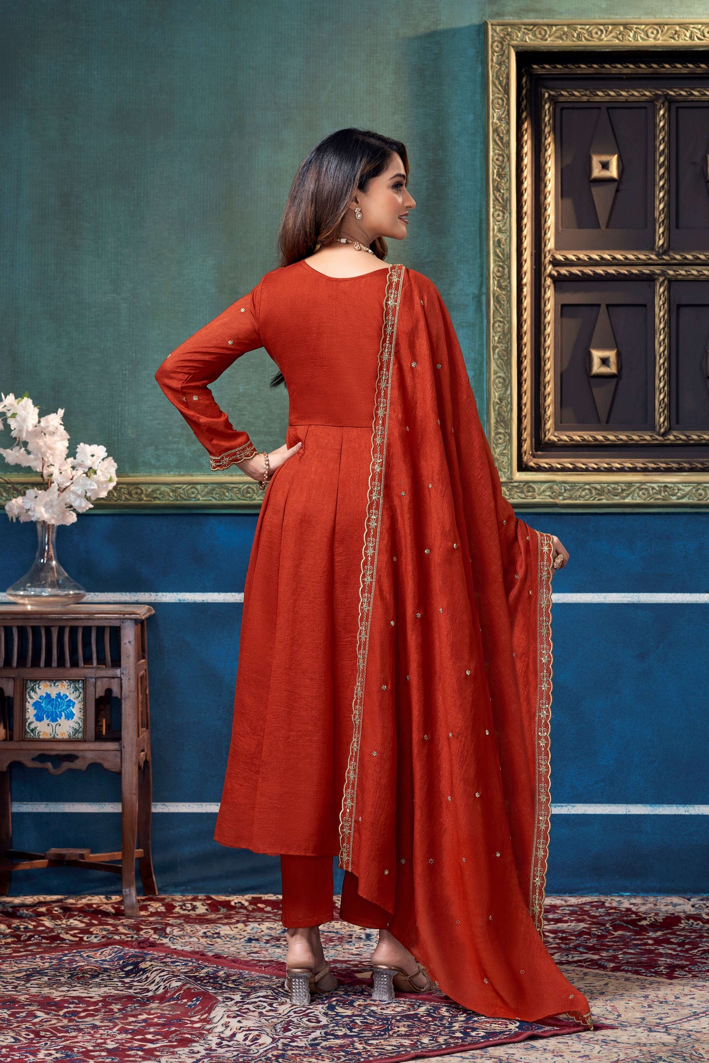 Anaita Rust Anarkali Readymade Suit with Embroidery Work