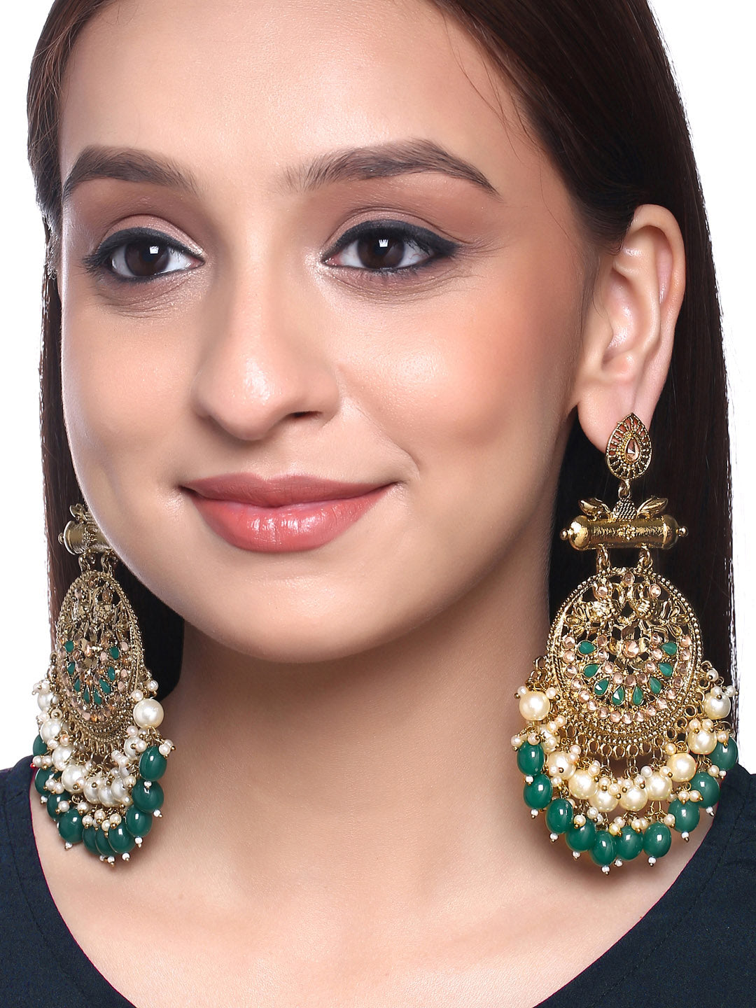 Yellow Chimes Gold-Polished & Green Circular Drop Earrings