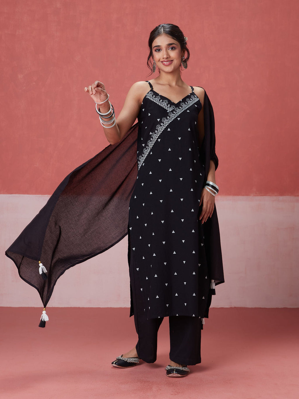Likha Black Kora Printed kurta, Pant & Dupatta LIKSKD250 (Set of 3) - M