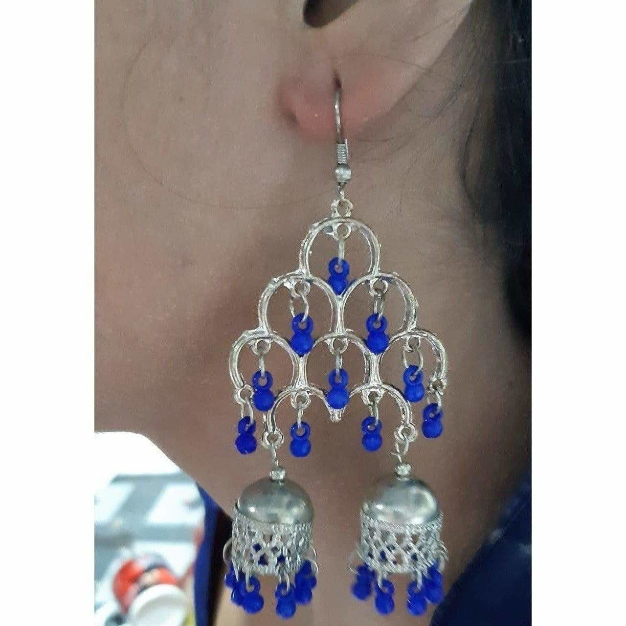 MS Fashion India Silver Oxidized Fashion Traditional Double Jhumka Long Thick Blue Pearls Earrings