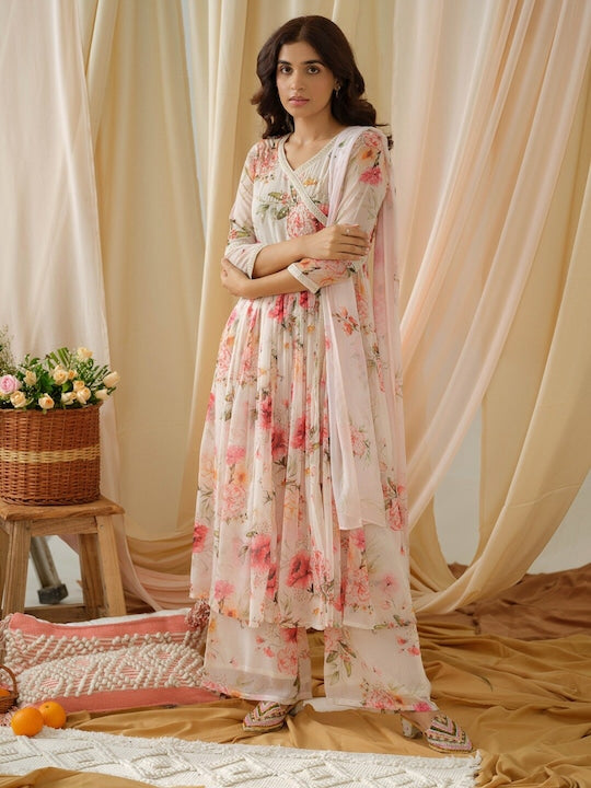 House of Pataudi Floral Printed V-Neck Empire A-Line Kurta and Trousers With Dupatta