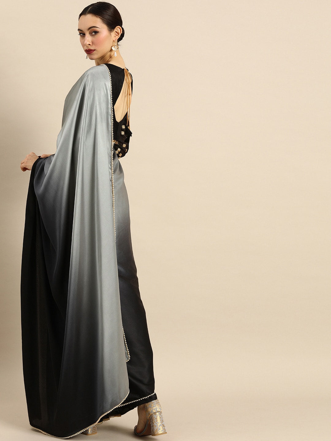 Anouk Black & Grey Satin Colourblocked Saree
