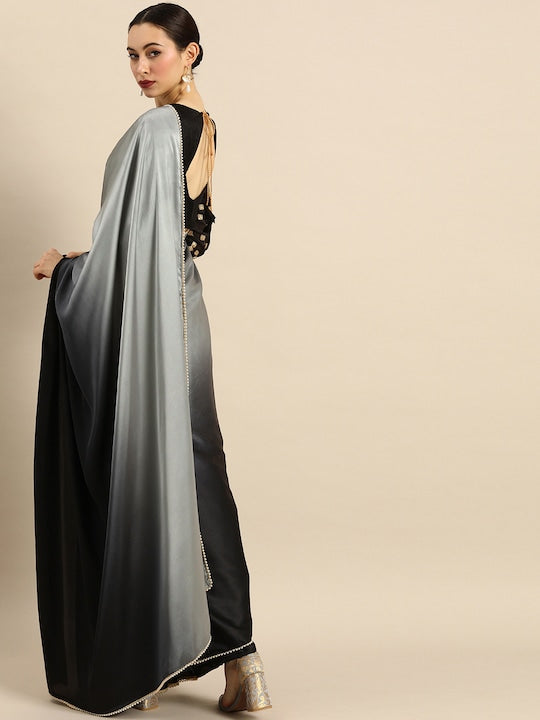 Anouk Black & Grey Satin Colourblocked Saree
